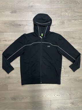Vintage Hugo Boss Saggy Full Zip Hoodie Black White Piping Embroidered fit Large